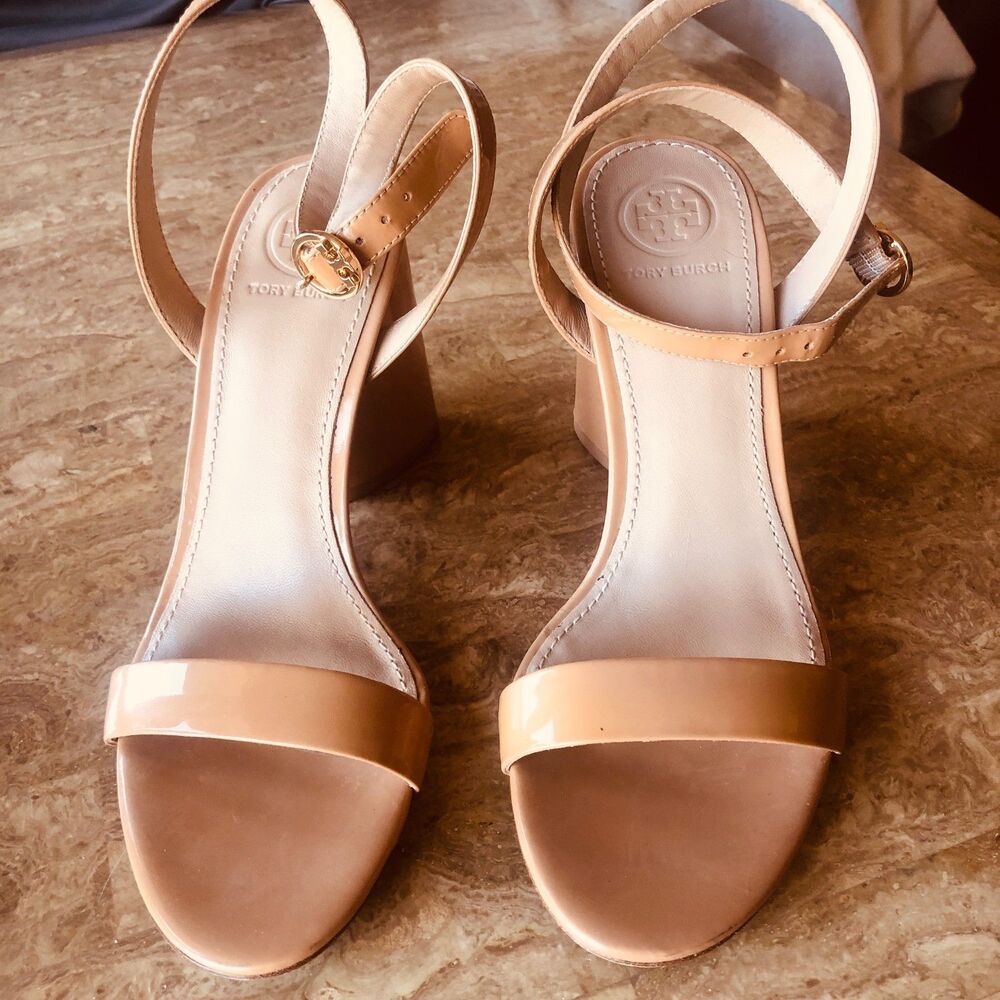 Tory Burch Laurel Nude Patent Leather Ankle Strap Block Heel Sandals Size 5M